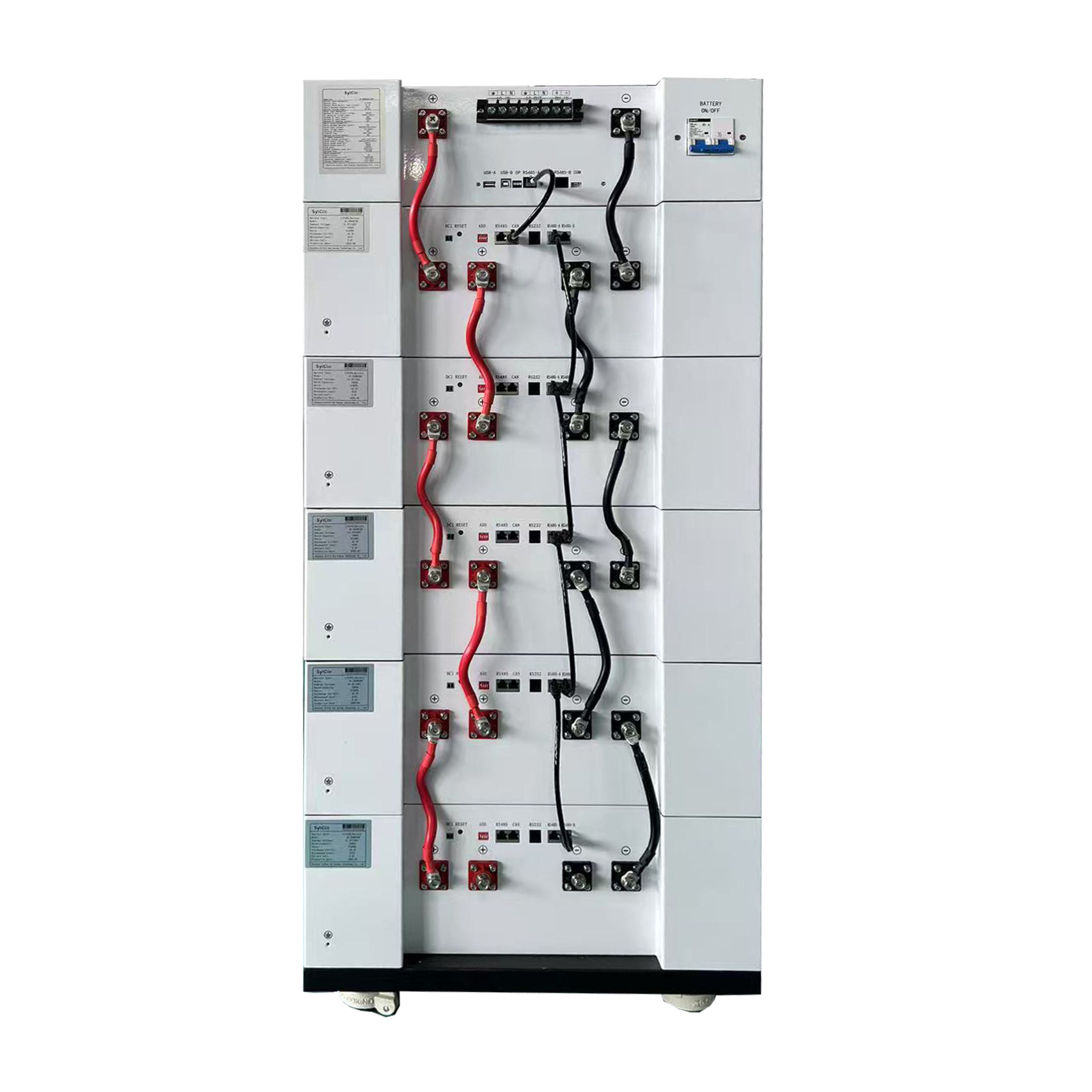 Rear connection of solar lithium battery for stacking and integration.